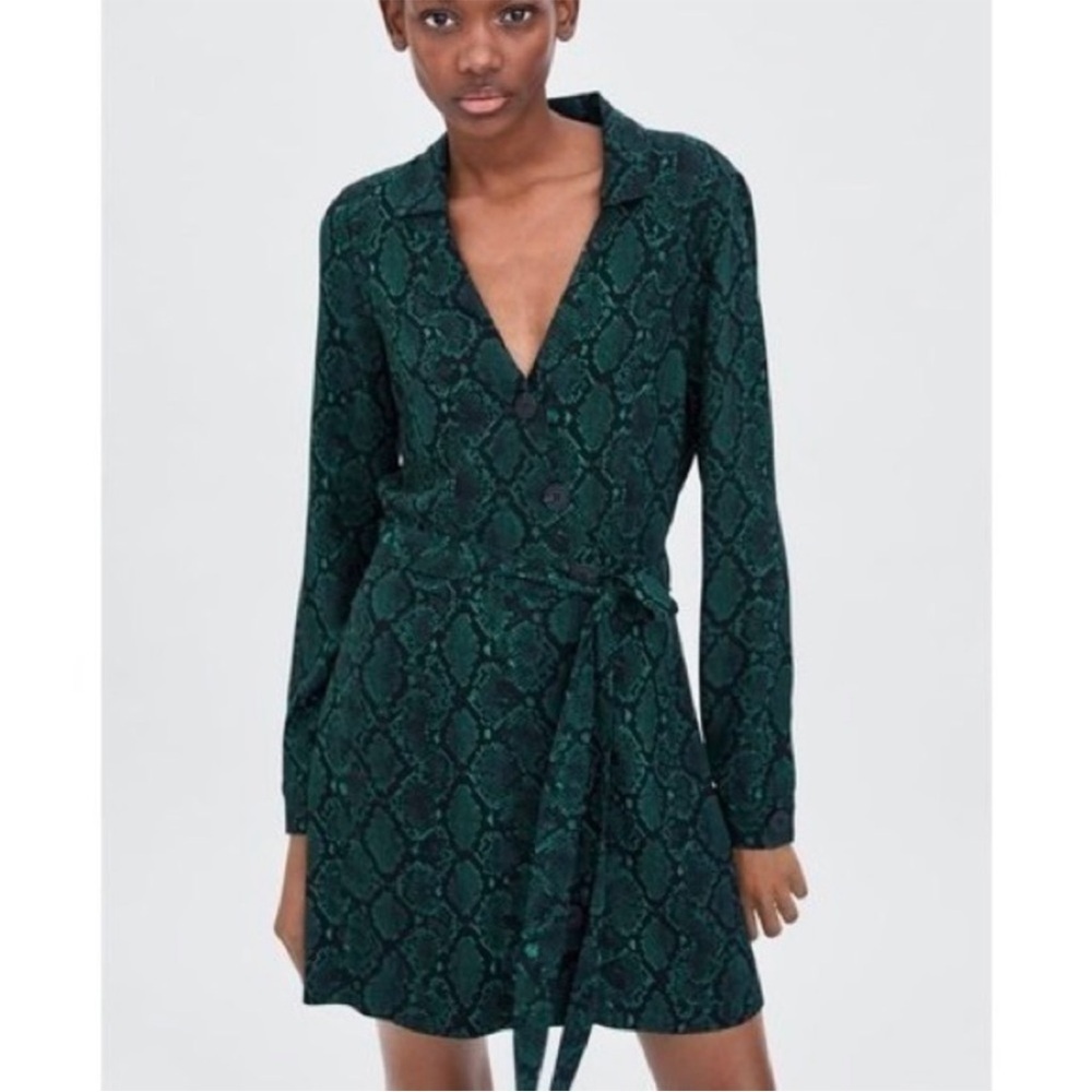 Zara Green Snake Print Long Sleeve Dress